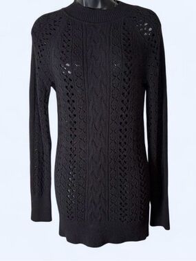 Free People Black Open-Knit Cable Crew Sweater